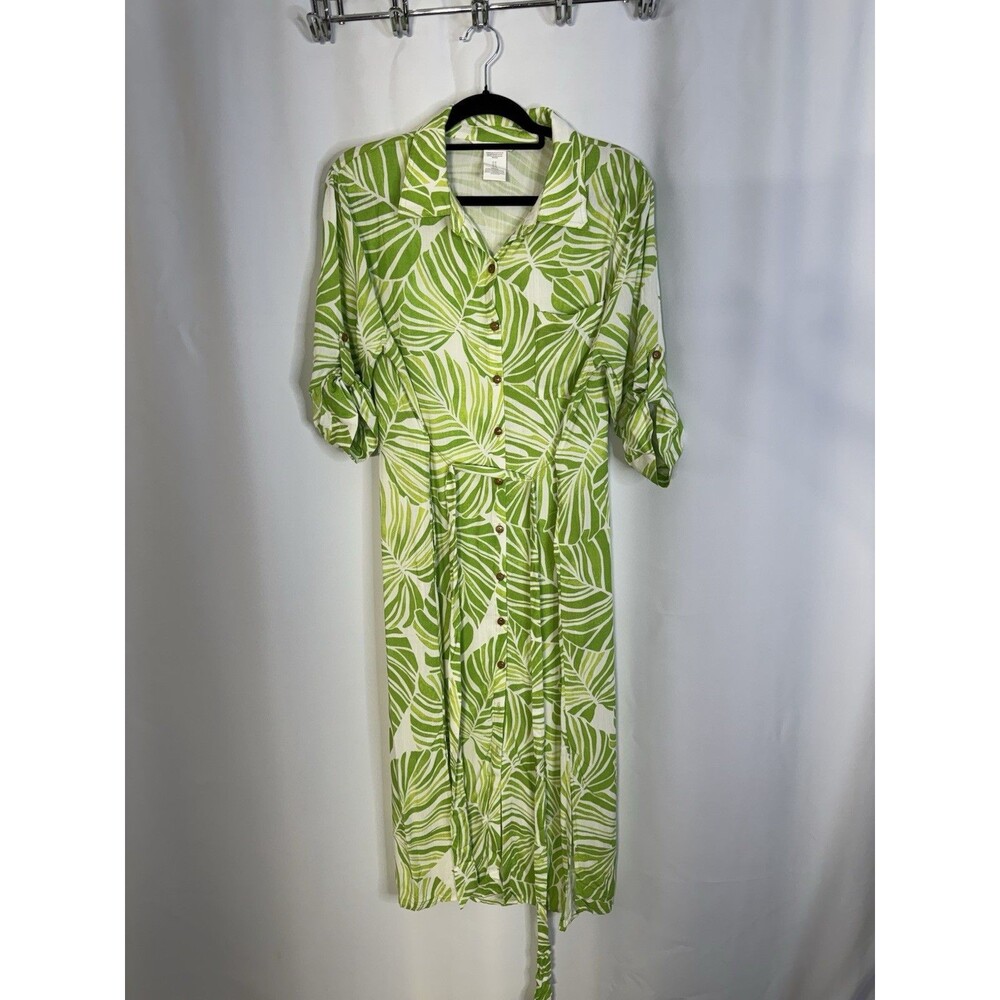 La Blanca Green White Tropical Palm Print Button Front Midi Shirt Dress Size M